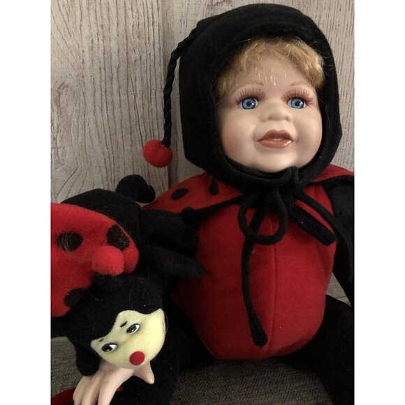 Porcelain Face Ladybug Doll w/ Ladybug Jointed Arms & Legs Plush Body Red Black - Picture 3 of 6